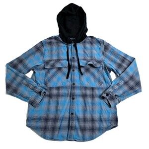 Original Use Flannel Hoodie Mens Medium Blue Black Plaid 90s Shirt Shacket